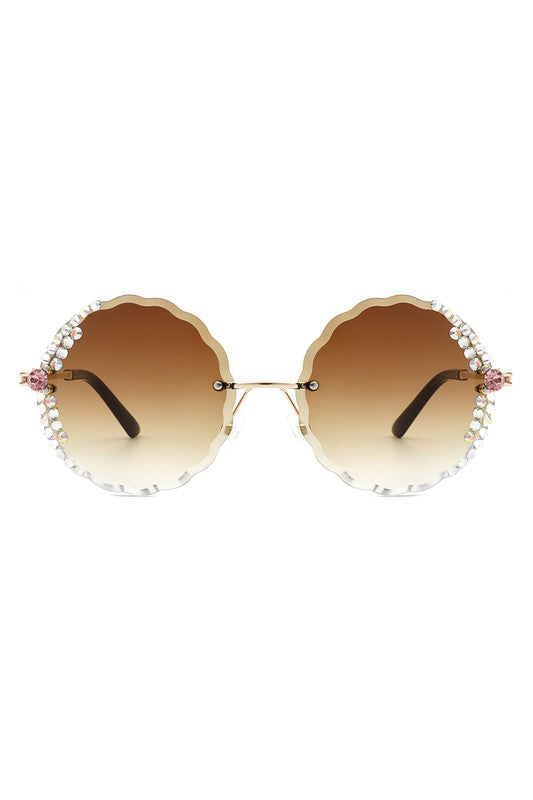 Round Rimless Rhinestone Circle Sunglasses