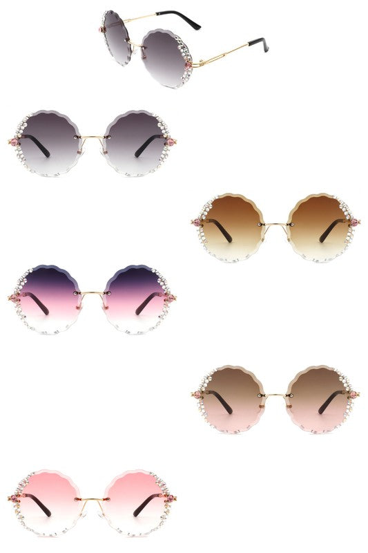 Round Rimless Rhinestone Circle Sunglasses