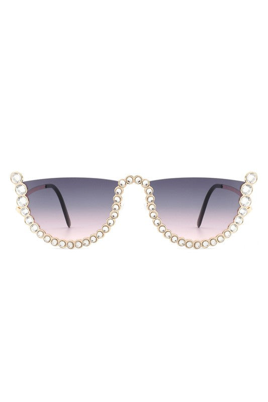 Half Frame Rhinestone Round Fashion Sunglasses