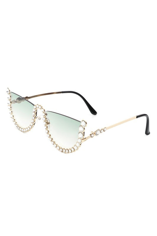 Half Frame Rhinestone Round Fashion Sunglasses