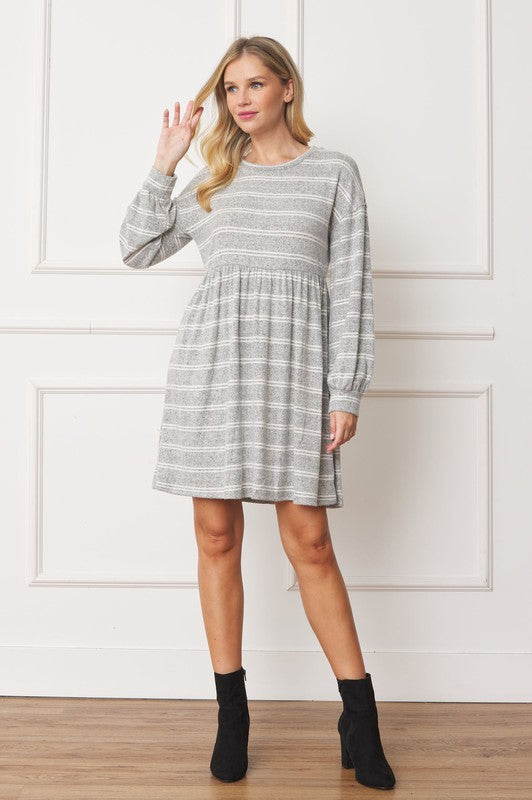 Casual Striped Long-Sleeve Babydoll Dress