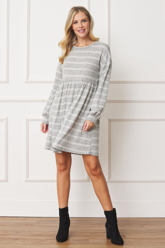 Casual Striped Long-Sleeve Babydoll Dress