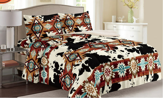 Southwest Cowprint Queen Sized 3 Piece Sherpa Blanket Set