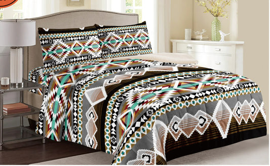 Aztec Queen Sized 3 Piece Sherpa Blanket Set