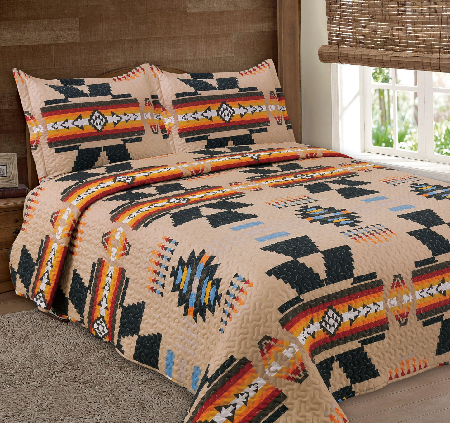 Beige Queen Sized 3 Piece Quilt Set