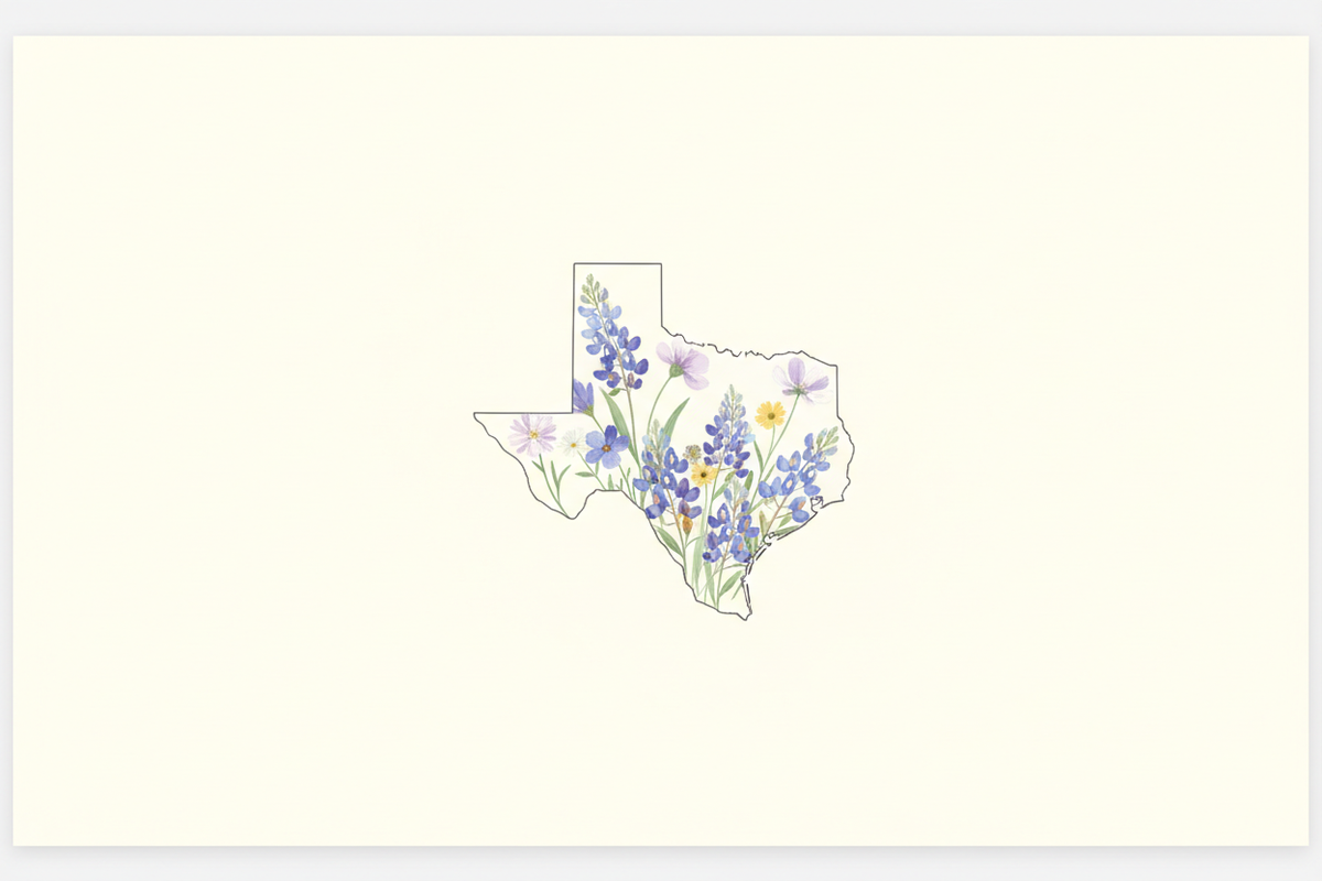 Texas Outline with Wildflowers